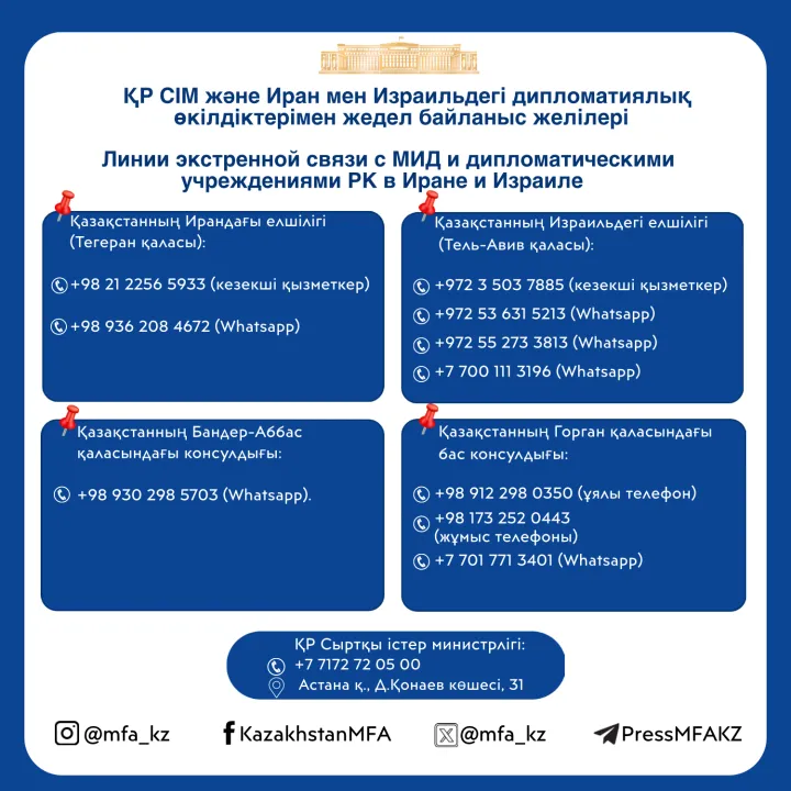 МИД обратился к казахстанцам в Иране и Израиле