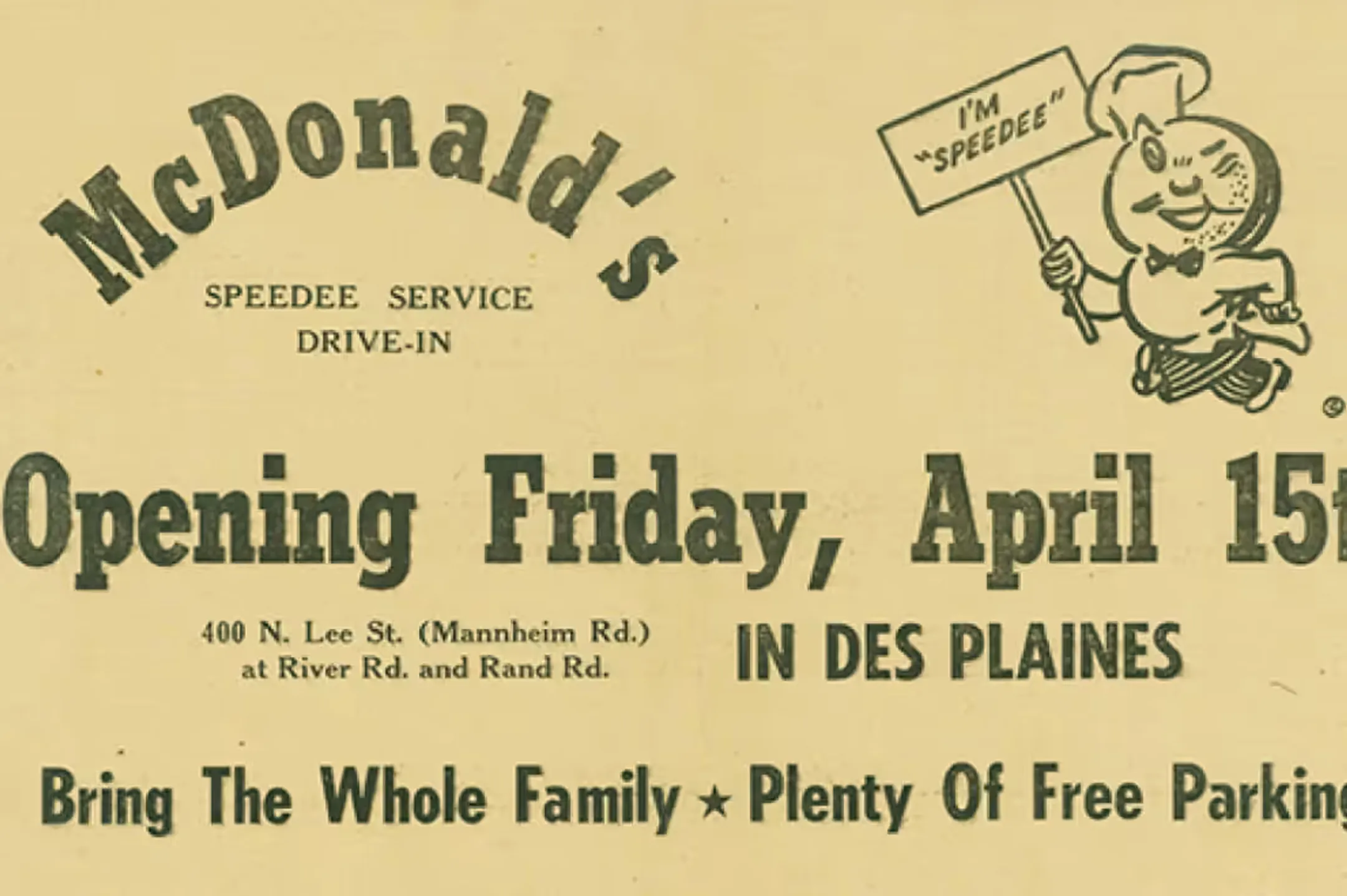 Газетное объявление об открытии первого ресторана McDonald's Рэя Крока 15 апреля 1955 года. Фото: corporate.mcdonalds.com