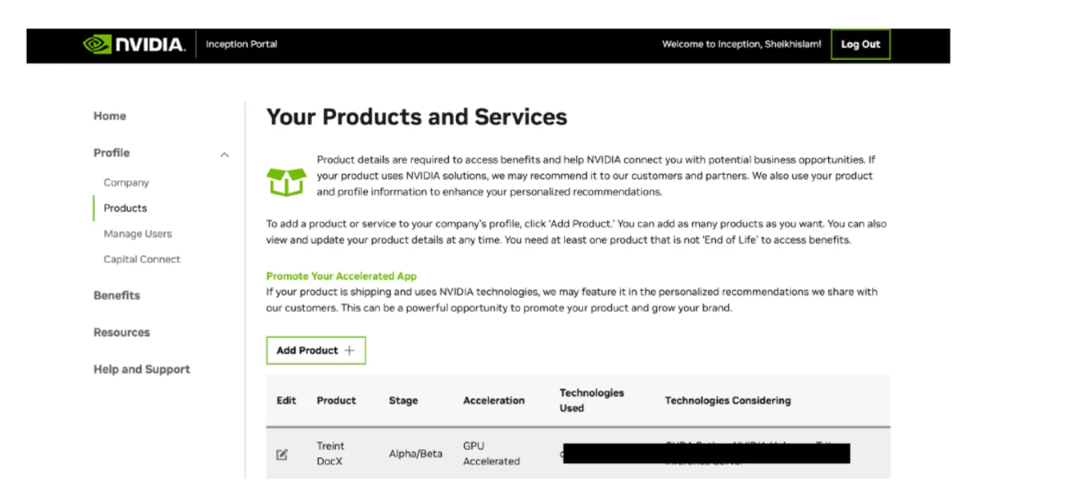 Скриншот из кабинета на Inception Portal с подтверждением регистрации продукта Treint&nbsp;