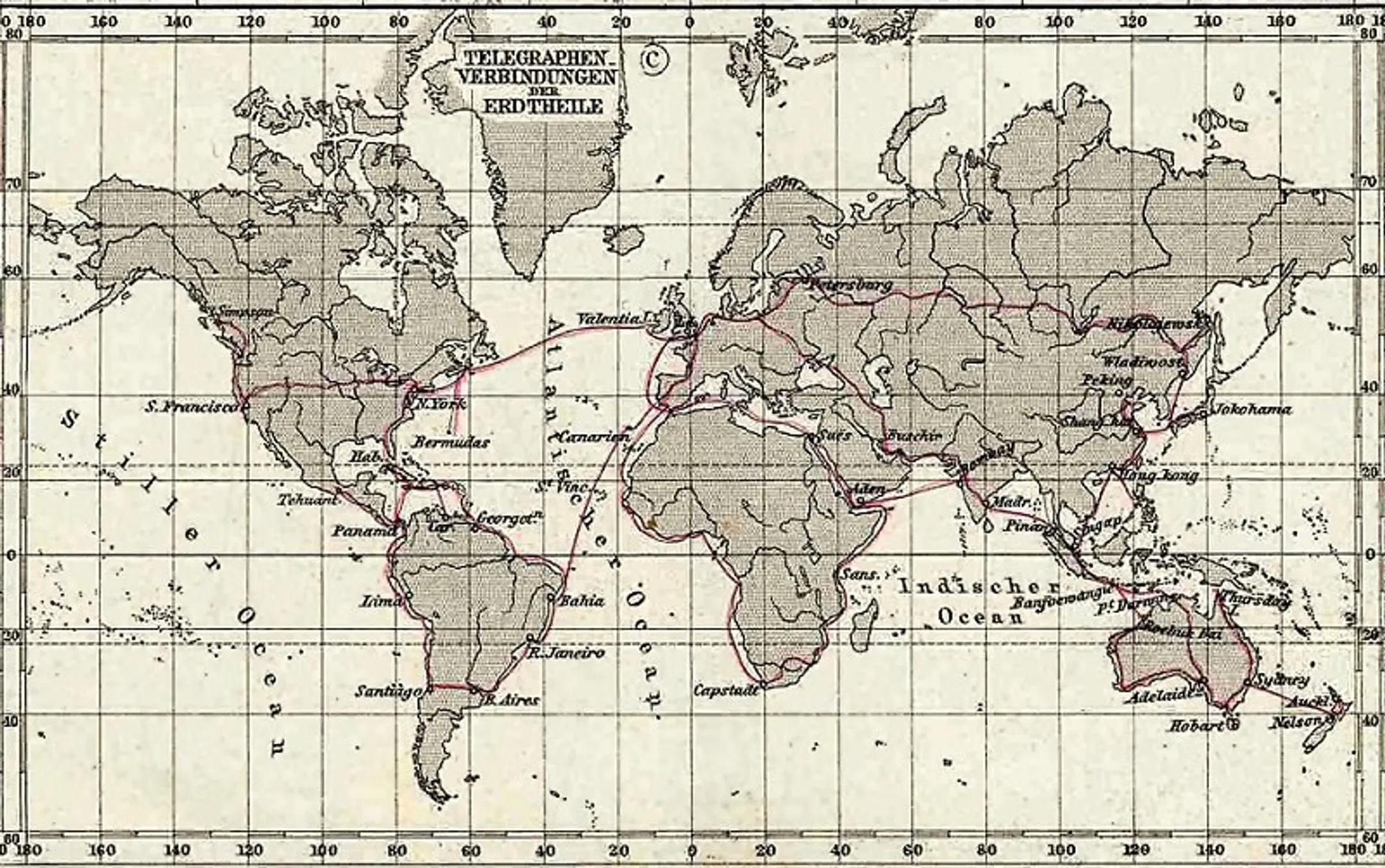 Сеть телеграфных линий в США к 1891 году