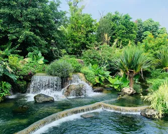 Поверхность станции Лицзяо: выходной канал для очищенной воды оформлен в виде водопада