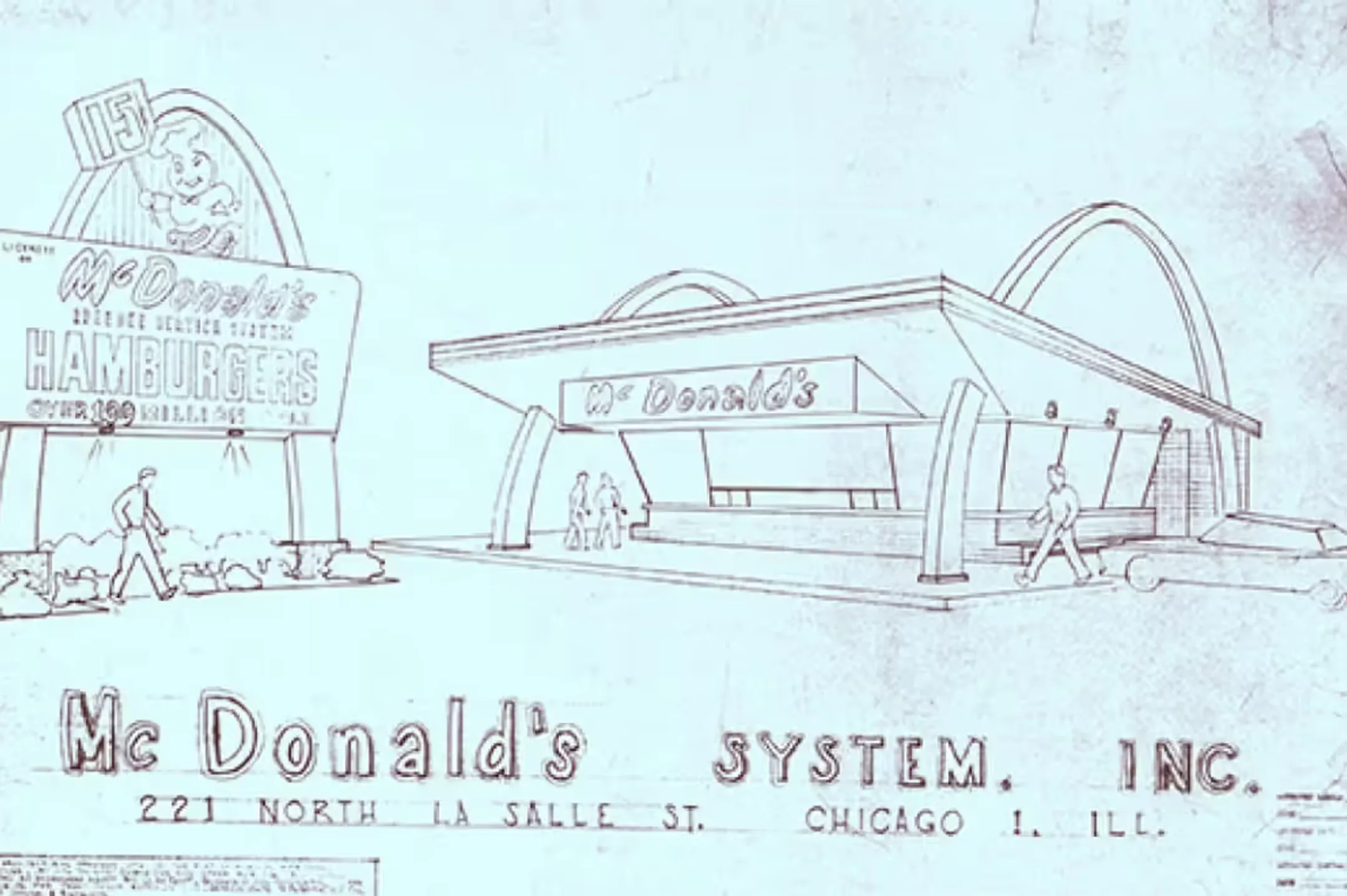 Первые эскизы фирменного красно-белого ресторана McDonald’s с дорожной вывеской Speedee. Фото: corporate.mcdonalds.com
