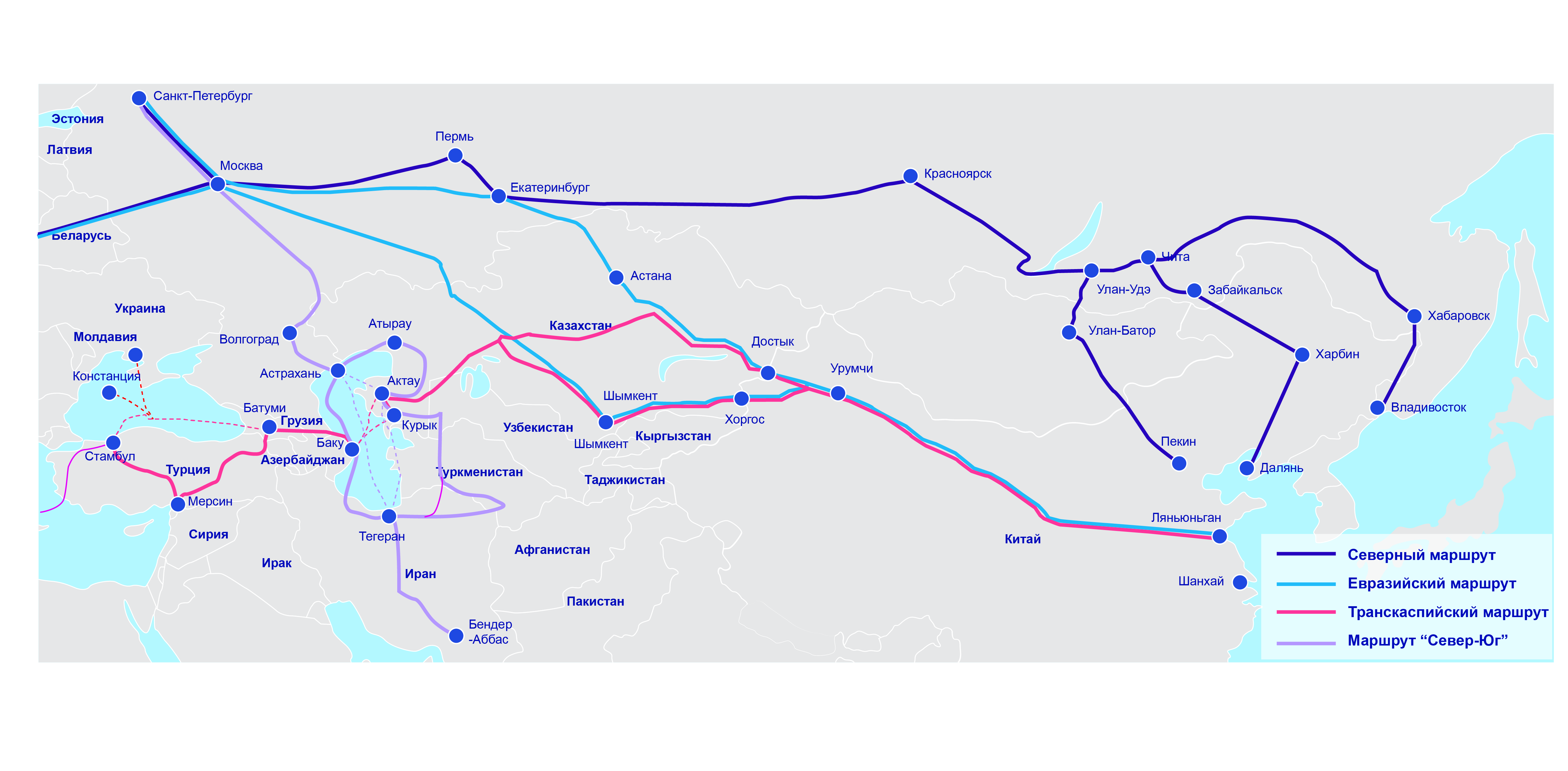 Ключевые транспортные коридоры между Европой и Азией <br>Источник: Eurasian Rail Alliance Index (ERAI)<br> - Kapital.kz 